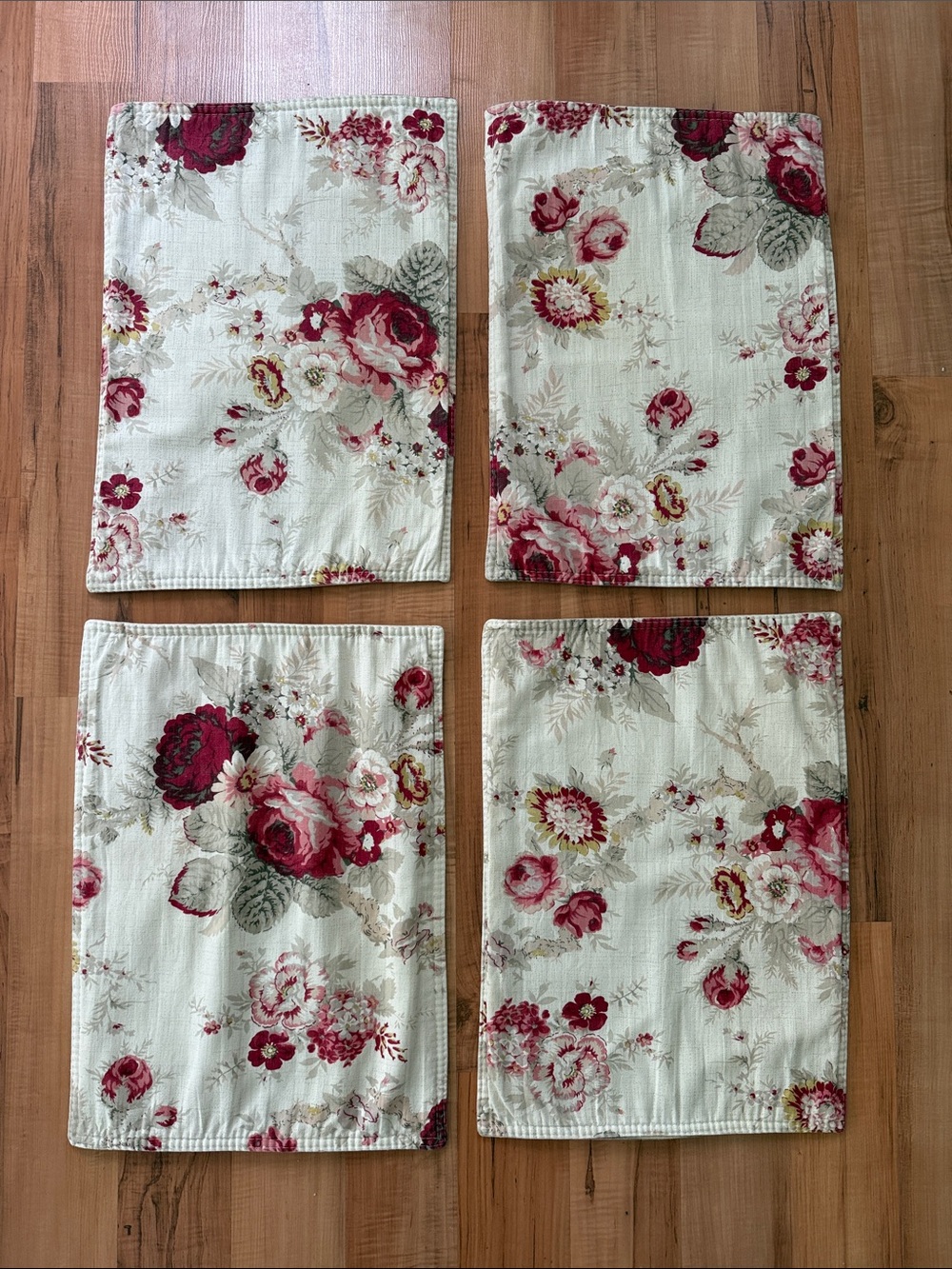 Set of 4 ~ Waverly Norfolk Rose Floral Quilted Placemat Set in Cream & Burgundy